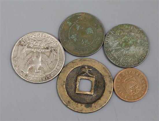 Two Deutsch Nautschou 10 cents, and other coins